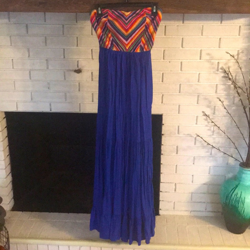 Flowy strapless maxi dress with fun rainbow top